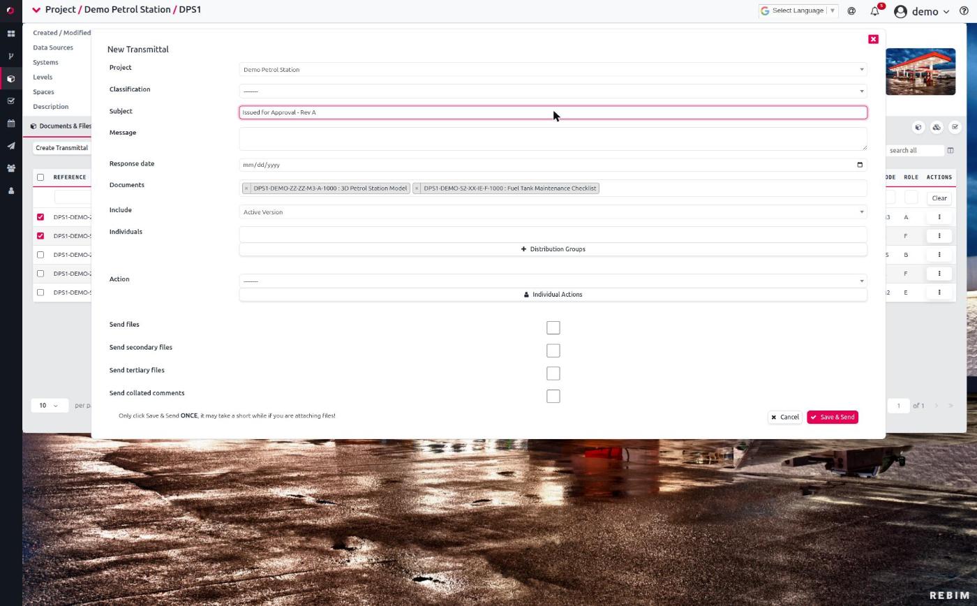 The New Transmittal compose modal — subject, classification, message, the selected documents, version selection, recipients / distribution groups, per-recipient actions, and the send-files options.
