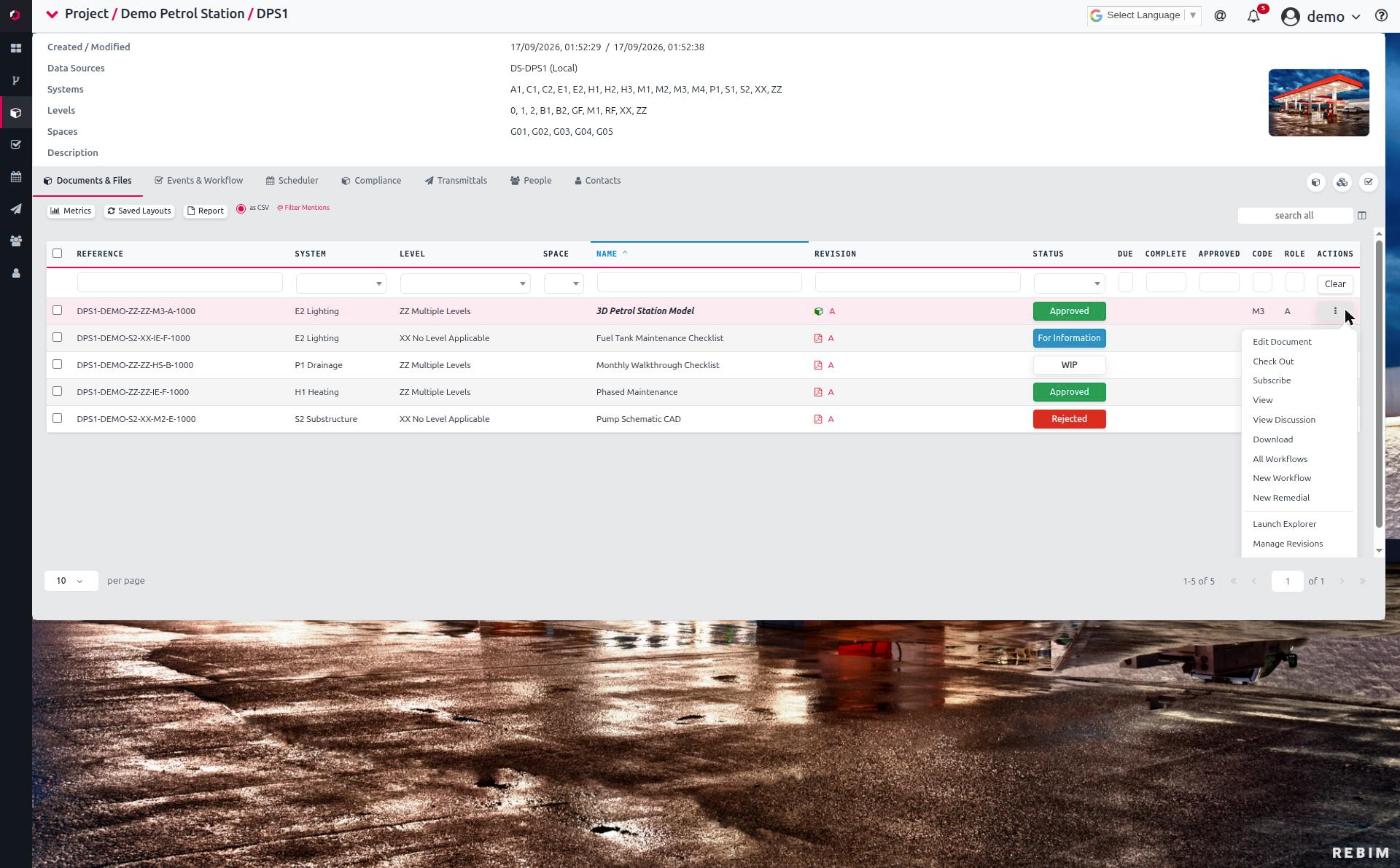 The EDMS Documents kebab menu open on a document row, showing the action set (View, Manage Revisions, Create Workflow, and more).