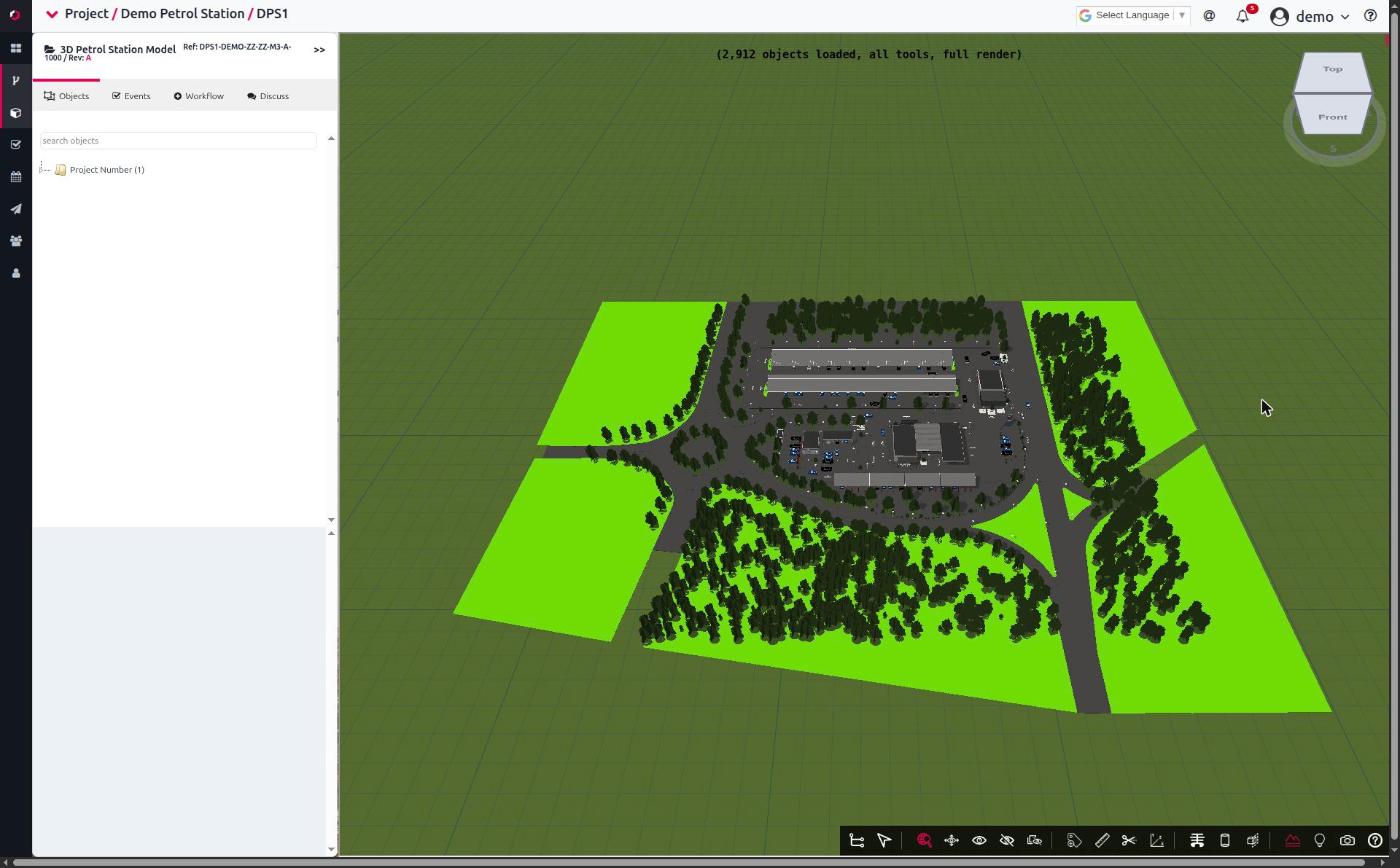 Explorer launched on a 3D model — the object tree (Objects / Events / Workflow / Discuss tabs) alongside the rendered model in the 3D viewer.
