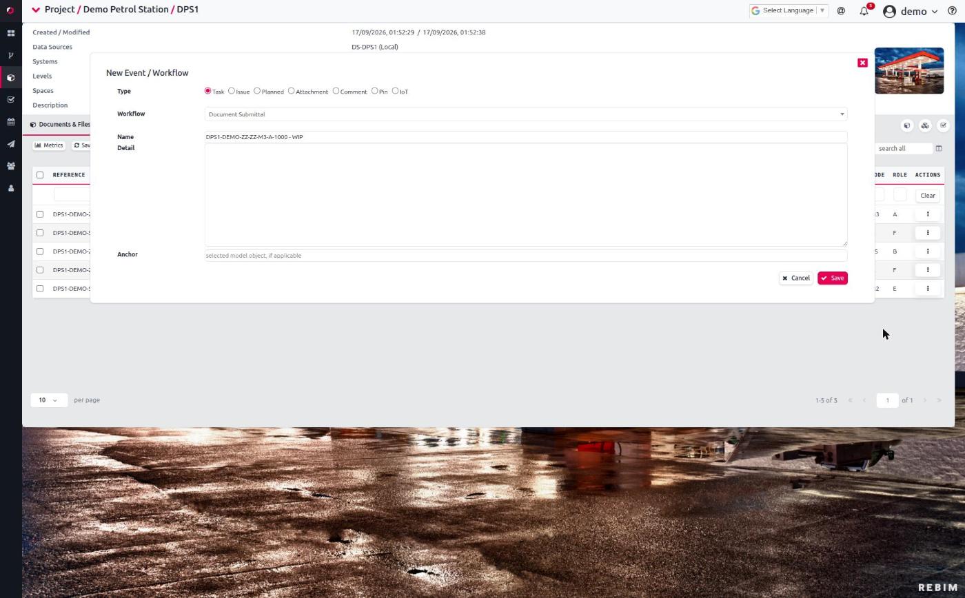 The New Event / Workflow modal — pick the type and workflow definition; the name is pre-filled (here from the document reference and the document's status when auto-naming is on) and stays editable.